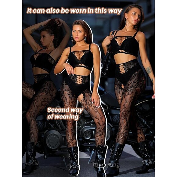 Black Women’s Sexy Fishnet Lingerie Set Babydoll Bodysuit Nightwear Outfit - Picture 5 of 6